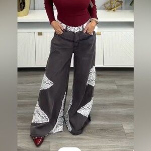 NWT POL Antique Navy Crochet Lace Wide-Leg Pants Size Large